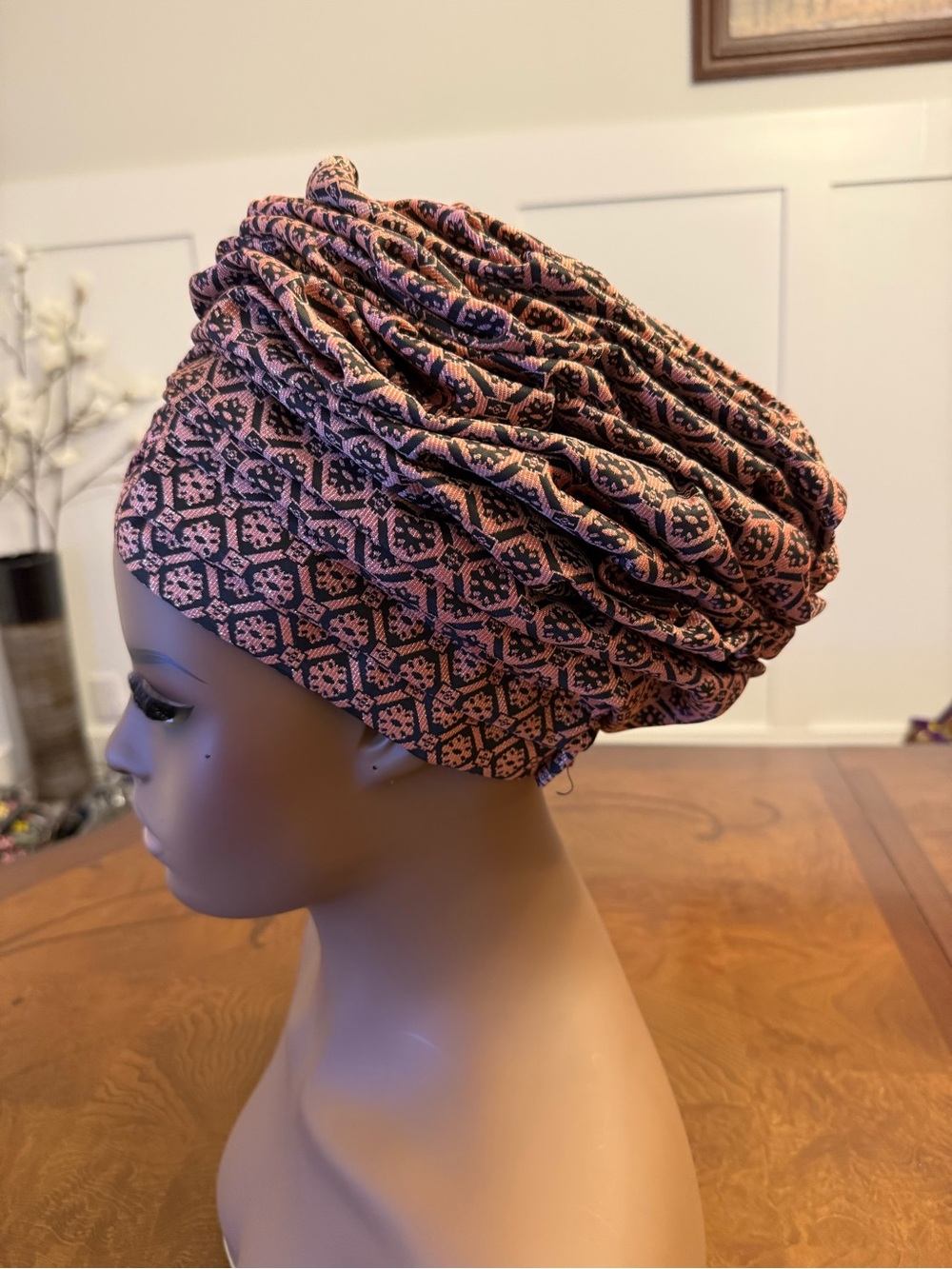 Pink and Black Patterned Ruched Turban Headwrap